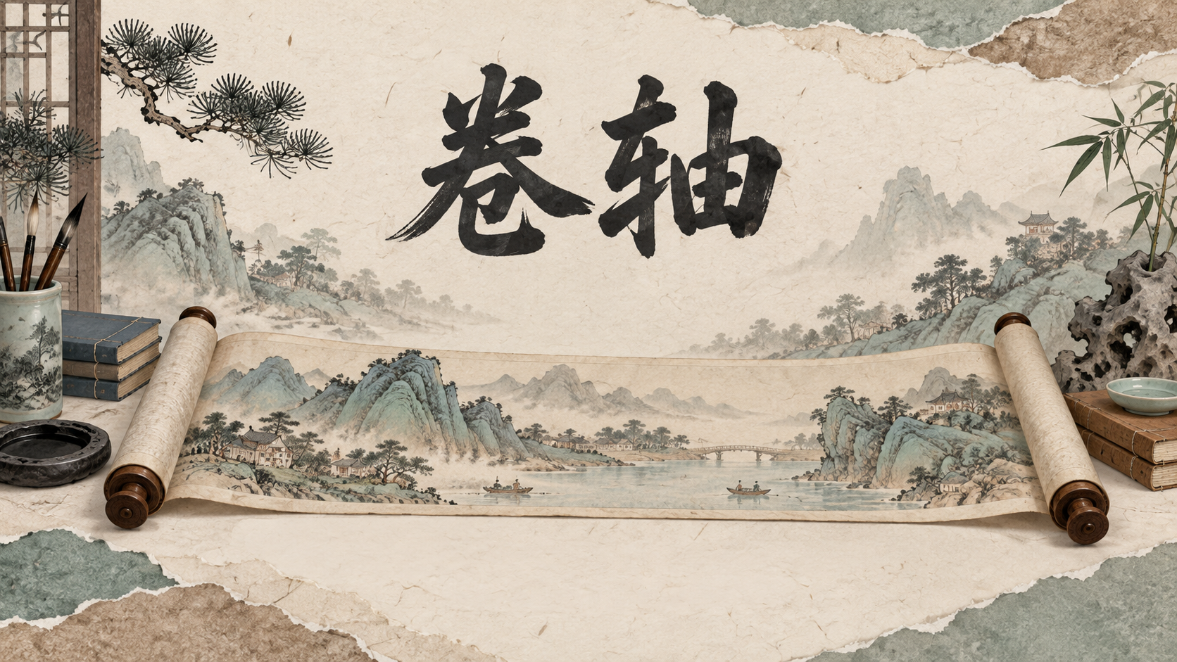 卷轴：水墨山水与展开的书卷
